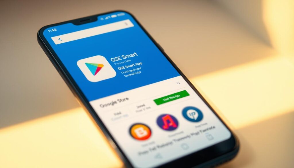 A high-quality, hyper-realistic image of a smartphone screen displaying the Google Play Store interface, with the GSE Smart app icon prominently featured. The screen is illuminated by warm, natural lighting, creating a soft, inviting atmosphere. The smartphone is set against a minimalist, neutral background, allowing the screen to be the focal point. The image conveys a sense of ease and simplicity, perfectly reflecting the article's subject of installing the GSE Smart app on an Android device.
