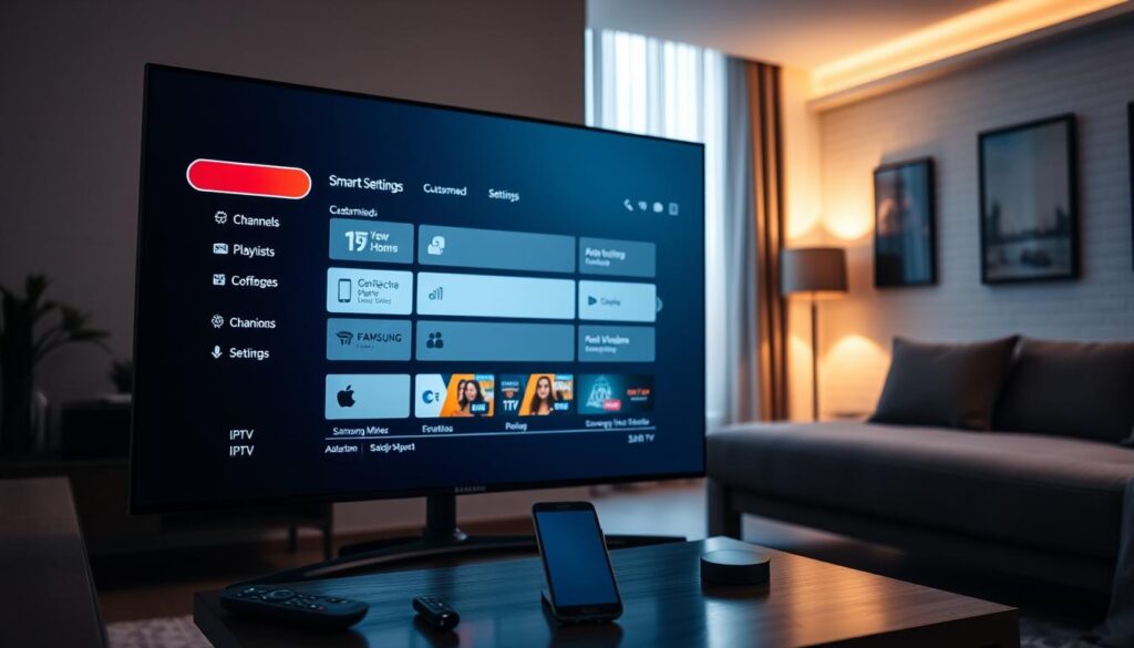 A high-resolution, detailed image of a Samsung Smart TV interface displaying a customized IPTV playlist configuration. The foreground features the TV screen with a sleek, minimalist user interface, showcasing various IPTV channels and settings. The middle ground includes remote controls, a Samsung smartphone, and other connected devices, suggesting a smart home setup. The background subtly depicts a modern, well-lit living room, with warm lighting and minimalist decor, creating a cozy and inviting atmosphere. The overall composition emphasizes the seamless integration of IPTV technology within a contemporary smart home environment.