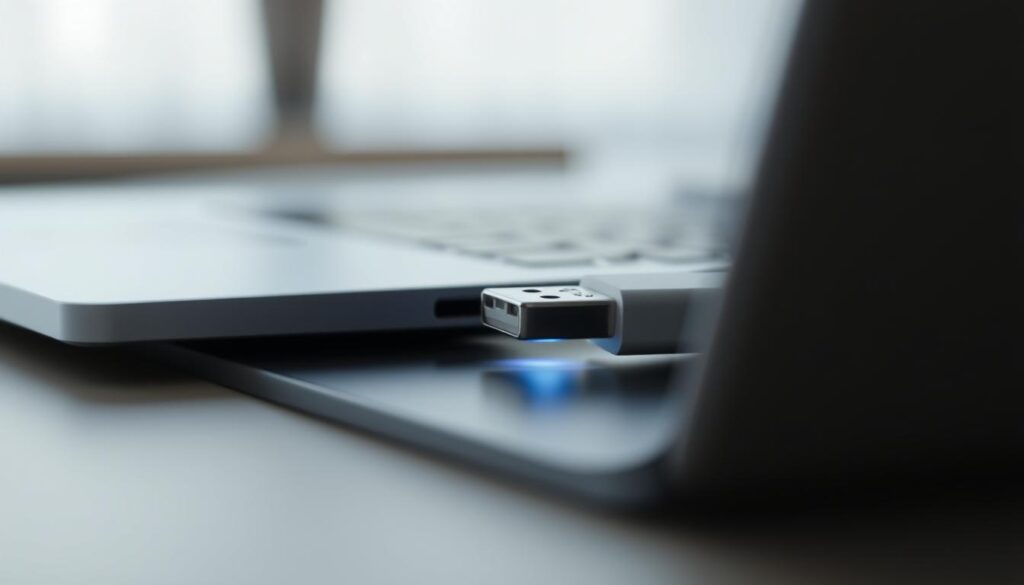 A high-resolution, detailed image of a USB drive being inserted into a laptop or desktop computer. The laptop is displayed in the foreground, with the USB drive port clearly visible. The USB drive is shown mid-insertion, with a subtle lighting effect to highlight the connection. The background is blurred, creating a sense of focus on the central action. The scene is captured in a clean, minimal style, with a muted color palette to convey a sense of professionalism and technical precision. The overall mood is one of straightforward, step-by-step guidance on the installation process.