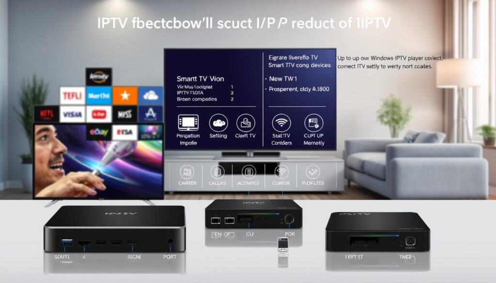 A high-resolution, detailed image of various smart TV models and IPTV devices, showcasing their compatibility and connectivity. The foreground features a selection of popular smart TV brands and IPTV set-top boxes, arranged in a visually appealing layout. The middle ground displays technical specifications, port options, and compatibility indicators, while the background subtly depicts a living room environment, highlighting the seamless integration of these technologies. The image conveys a sense of technological sophistication and consumer-friendly usability, reflecting the requirements and compatibility concerns for setting up a Windows IPTV player on a smart TV.