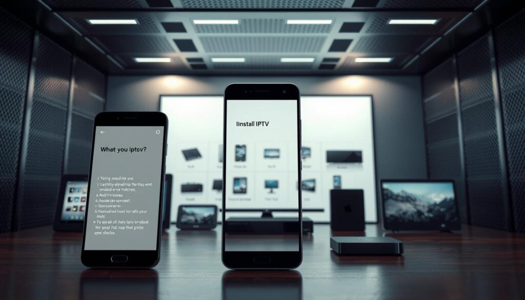 A high-resolution, photorealistic image of the requirements for installing IPTV on an Android device. The foreground displays an Android smartphone with a clean, minimalist design, its screen showing a list of necessary setup steps. The middle ground features various Android device icons, including tablets and TV boxes, arranged in a clean grid layout. The background depicts a sleek, modern tech environment with metallic textures and soft, indirect lighting, creating a professional, authoritative atmosphere. The overall scene conveys a sense of simplicity, clarity, and technical expertise for the IPTV installation process on Android platforms.
