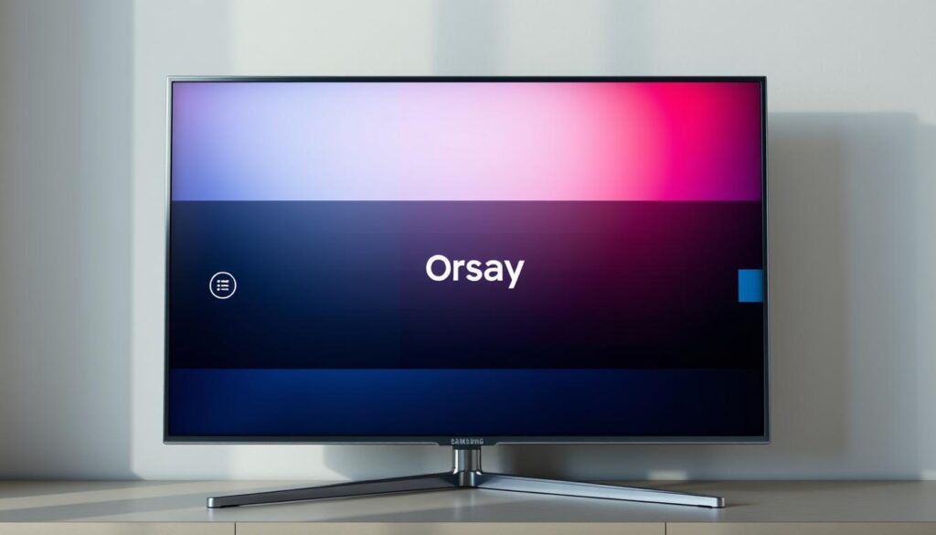 A highly detailed, photorealistic image of a Samsung Smart TV displaying the Tizen operating system interface, with a focused view on the Orsay app icon prominently featured in the center of the screen. The TV is set against a neutral background, with soft, natural lighting illuminating the scene. The overall composition should convey a sense of simplicity and elegance, reflecting the intuitive and user-friendly nature of the Tizen platform. The image should serve as a clear visual representation of the installation process for the Lazy IPTV app on a Samsung Smart TV.