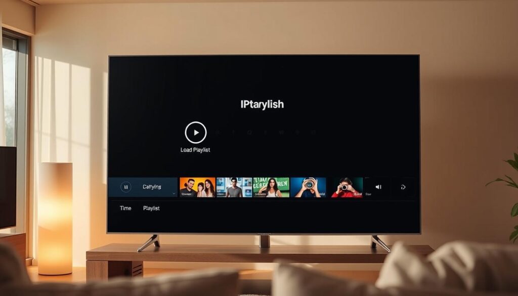 A large, modern smart TV screen displaying the process of loading a playlist on an IPTV application. The TV is positioned in a well-lit living room, with warm, diffused lighting creating a cozy atmosphere. The screen shows a minimalist, user-friendly IPTV interface, with intuitive controls and a visually appealing playlist layout. The image captures the seamless integration of the IPTV technology into the domestic setting, reflecting the ease of installation and use for the Samsung Smart TV user.