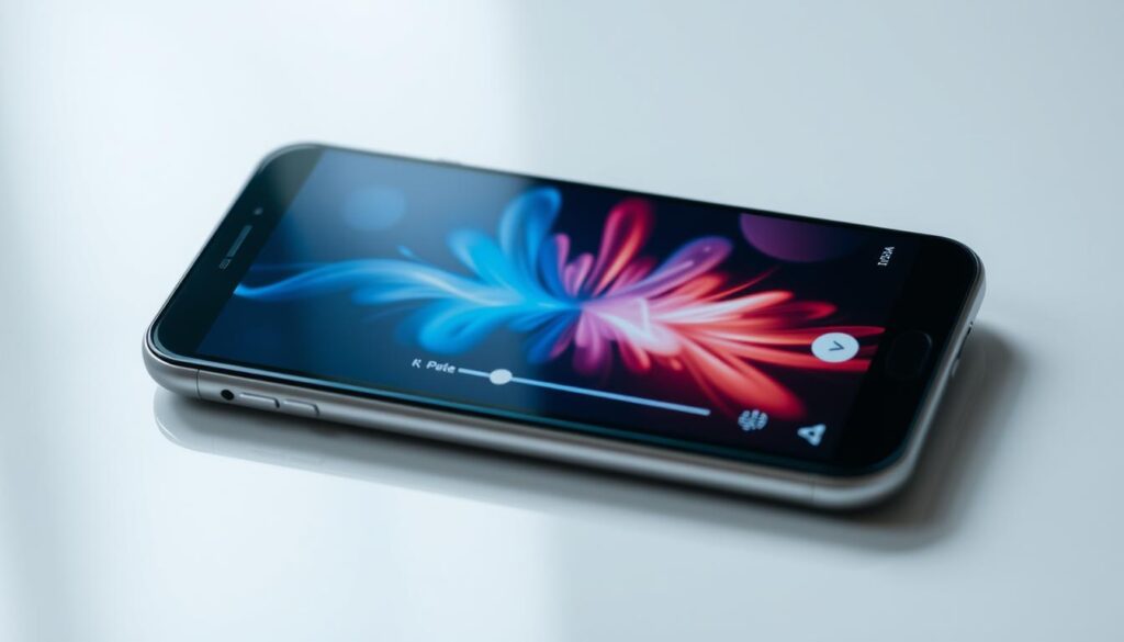 A mobile device display showcasing a video player interface with playback controls, volume sliders, and a vibrant, immersive display. The screen is surrounded by a sleek, modern smartphone frame with minimal bezels, capturing the essence of Android's clean and elegant design. The lighting is natural and softly diffused, creating a sense of depth and dimensionality. The camera angle is slightly tilted, providing a dynamic and engaging perspective that highlights the video playback experience. The overall mood is one of technological sophistication and user-friendly interaction, inviting the viewer to imagine the versatility and capabilities of this Android video reproduction functionality.