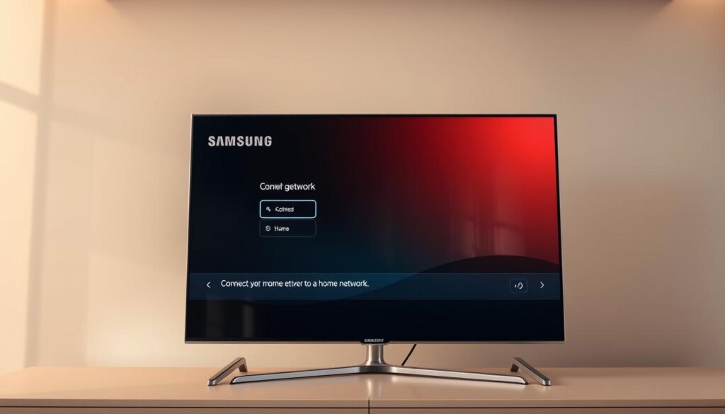 A modern, sleek Samsung Smart TV set against a minimalist, well-lit interior. The TV's screen displays a graphical user interface, showcasing the process of connecting the device to a home network. Subtle reflections on the TV's glossy surface, and a clean, uncluttered composition emphasize the simplicity of the setup process. Warm, neutral tones create a sense of sophistication, while the overall scene conveys a feeling of technological elegance and user-friendly functionality.