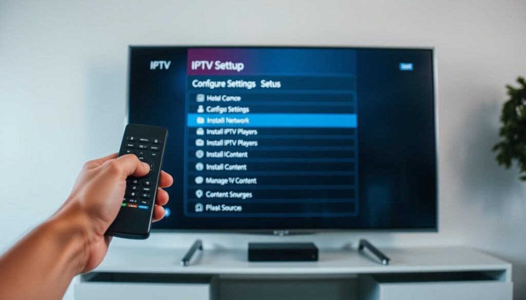 A modern, sleek smart TV display showcasing the IPTV setup process. In the foreground, a hand holds a remote control, navigating through onscreen menus. The middle ground features the TV screen, displaying an intuitive interface with options to configure network settings, install IPTV players, and manage content sources. The background softly blurs, highlighting the technology-focused atmosphere. The lighting is clean and minimalist, with subtle shadows adding depth. The overall scene conveys a sense of professionalism, simplicity, and user-friendliness in preparing an IPTV device for seamless smart TV integration.