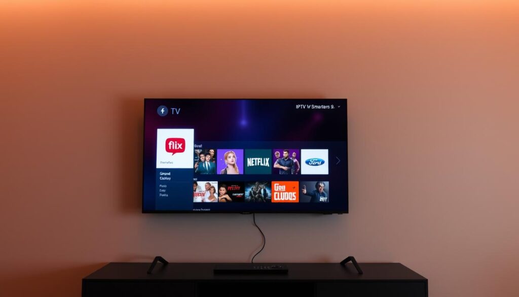 A modern smart TV against a sleek, minimalist background, with a glowing user interface on the screen showcasing the Flix IPTV Smarters app. The TV is positioned at a slight angle, casting warm, directional lighting across the scene. The overall atmosphere is one of technological sophistication and seamless integration, inviting the viewer to imagine the ease of installing and using this IPTV app on their own smart home setup.