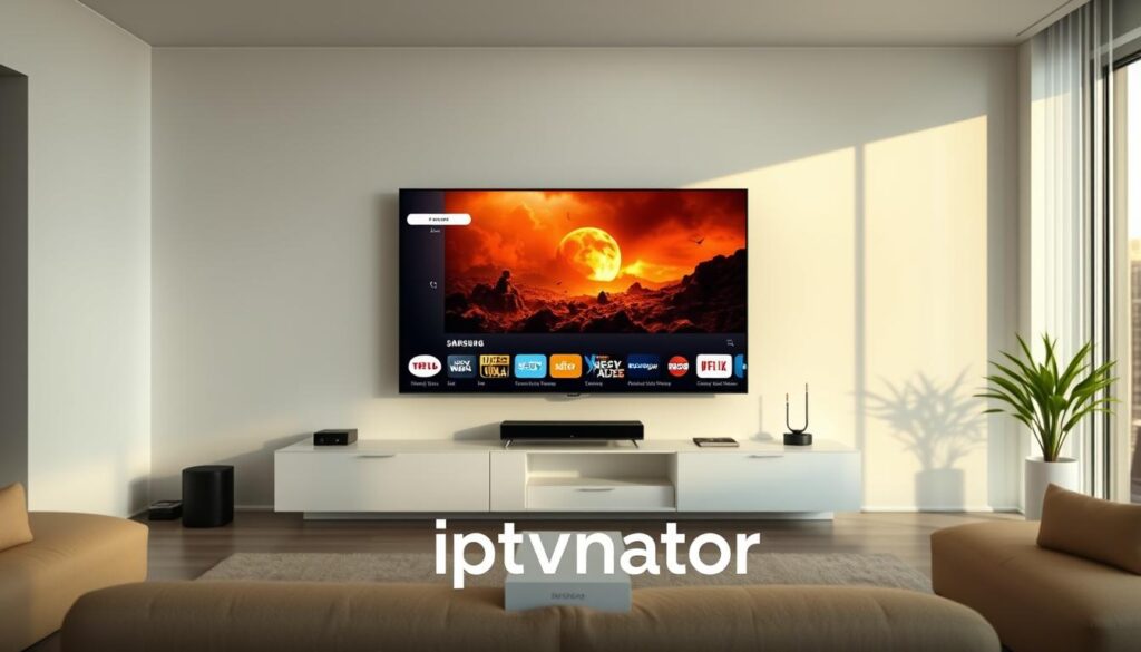 A modern smart TV interface showcasing the seamless streaming capabilities of iptvnator. In the foreground, the iptvnator logo stands prominently, surrounded by a clean, minimalist layout featuring an intuitive menu system and a variety of streaming service icons. In the middle ground, a large, high-definition video player displays a vibrant, cinematic scene, highlighting the platform's robust media playback functionality. The background features a sleek, sophisticated living room setting, with a wall-mounted television and modern home entertainment components, conveying the integration of iptvnator into a contemporary smart home ecosystem. The lighting is soft and natural, creating a warm, inviting atmosphere. The overall composition emphasizes the user-friendly, feature-rich nature of iptvnator for a premium streaming experience on a Samsung Smart TV.