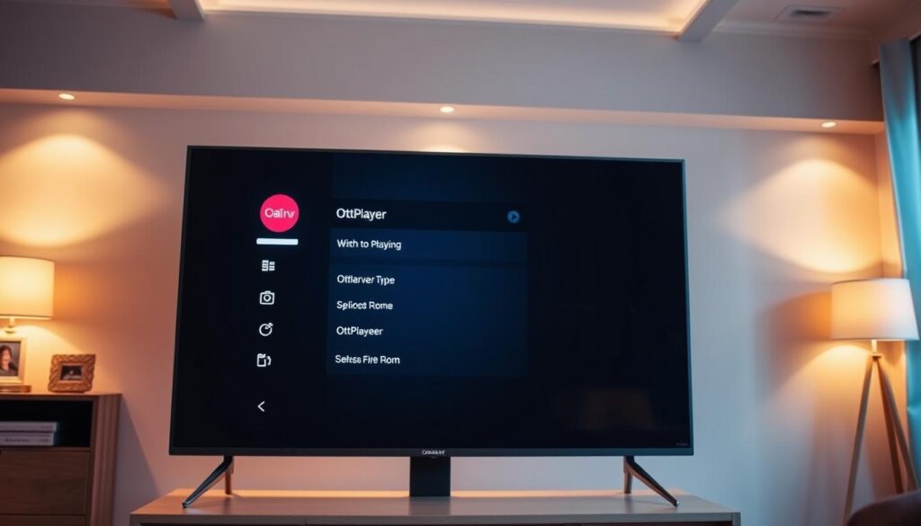 A modern smart TV screen displaying the OttPlayer app interface, showcasing its sleek and intuitive design. The screen is bathed in a warm, soft lighting, creating a cozy and inviting atmosphere. The app's menu options are clearly visible, with icons and text presented in a clean, minimalist style. The TV is positioned in a living room setting, with a subtle background of neutral-toned furniture and decor, allowing the screen to be the focal point. The overall composition conveys a sense of simplicity and ease of use, perfectly suited for guiding users through the initial steps of installing OttPlayer on their smart TVs.
