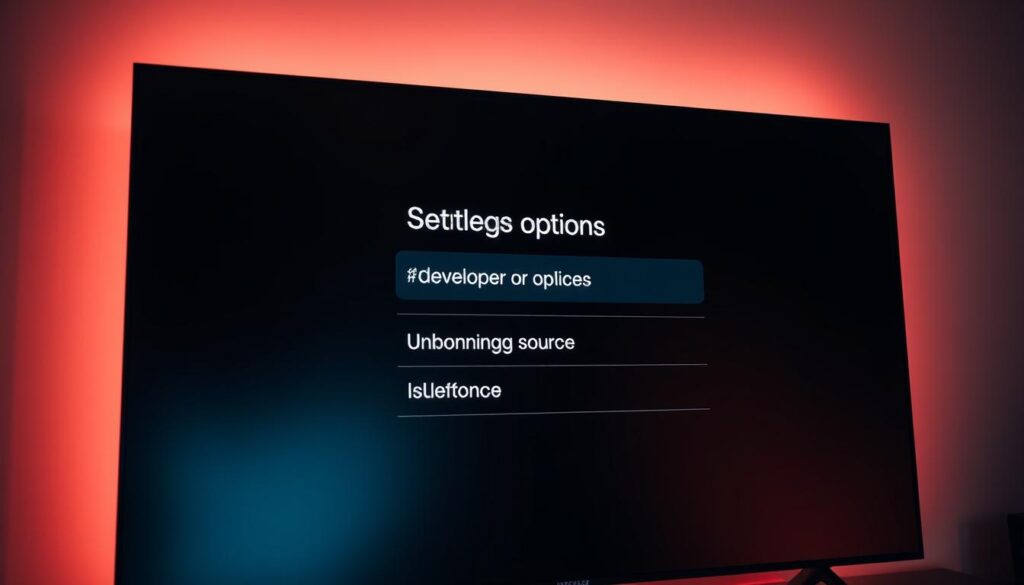 A modern smart TV screen displaying the settings menu, with the "Developer options" and "Unknown sources" toggles prominently featured. The screen is dimly lit, with a soft, warm glow emanating from the TV. The UI elements are crisp and detailed, with a minimalist, high-tech aesthetic. The scene conveys a sense of exploration and customization, hinting at the user's desire to unlock the full potential of their smart TV.