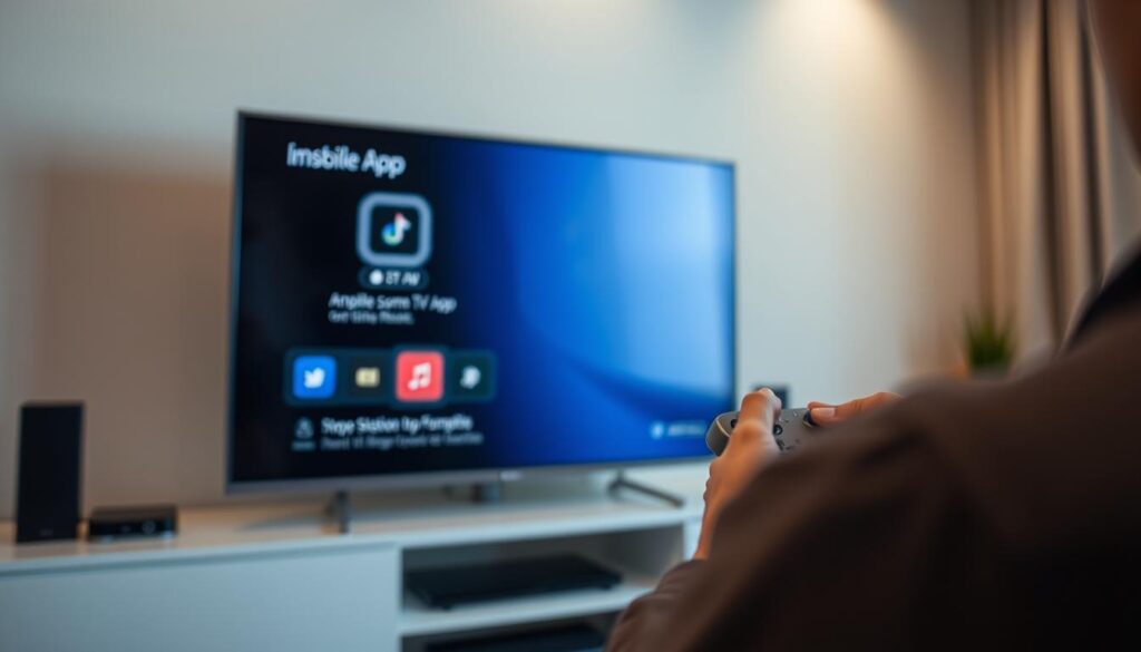 A modern smart TV setup with a focused close-up on a person's hands meticulously installing a mobile app. The foreground shows the TV screen displaying the app installation process, while the middle ground features the person's hands delicately navigating the TV interface with a sleek, minimalist controller. The background subtly suggests a clean, contemporary living room environment with neutral tones and indirect lighting, creating a sense of domestic tranquility. The overall mood is one of concentration, precision, and a seamless integration of technology into the home environment.