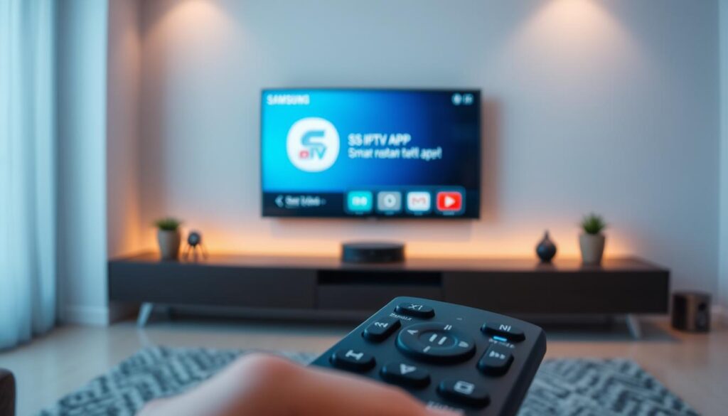 A modern, step-by-step tutorial on installing the SS IPTV app on a Samsung Smart TV. In the foreground, a close-up view of a Samsung remote control, its buttons clearly visible, highlighting the navigation process. In the middle ground, the Samsung Smart TV interface displays the SS IPTV app installation screen, showcasing the workflow. The background depicts a minimalist living room setting, with a sleek Samsung Smart TV mounted on the wall, illuminated by soft, warm lighting that sets a calm, instructional tone. The overall composition emphasizes the ease and clarity of the installation process, guiding the viewer through the necessary steps.