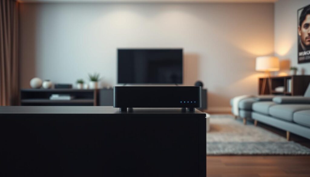 A modern, well-lit home media setup with a sleek IPTV device prominently displayed on a dark wood entertainment center. The device is shown from a slightly elevated perspective, casting subtle shadows that convey its solid, premium construction. The background features a minimalist living room with neutral tones and clean lines, creating a sense of focused, uncluttered professionalism. Warm, directional lighting illuminates the IPTV device, highlighting its carefully designed form and interface. The overall mood is one of efficiency, technology, and a seamless home entertainment experience.