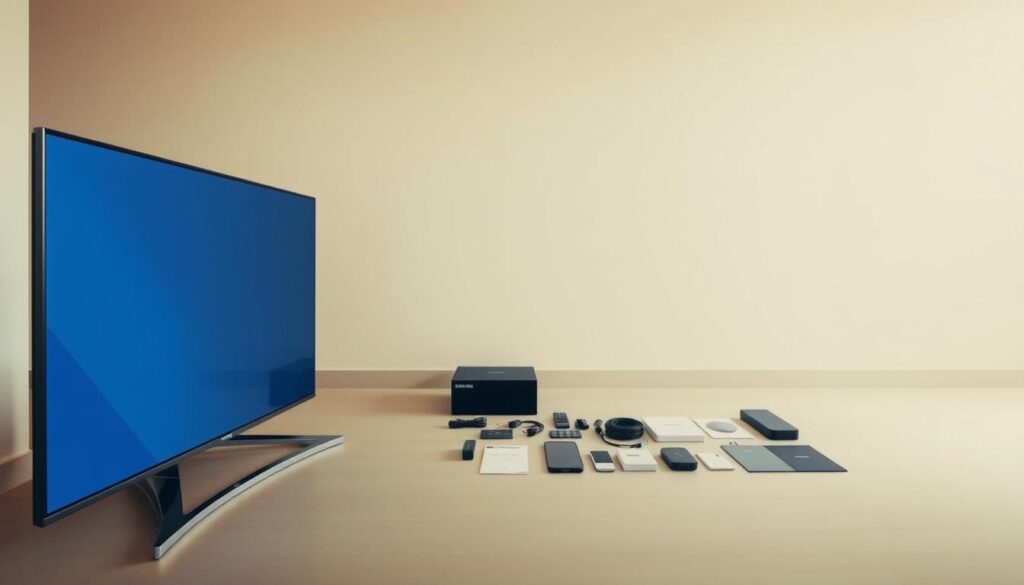 A serene, minimalist scene depicting the prerequisites for installing a Samsung Smart TV. In the foreground, a sleek, modern Samsung TV stands prominently, its screen displaying a clean, uncluttered interface. In the middle ground, a neatly organized array of necessary items is arranged, including the TV remote, power cable, and any required installation materials. The background is a warm, neutral-toned space, with subtle lighting that creates a calming, inviting atmosphere. The composition emphasizes simplicity, functionality, and the seamless integration of technology into the home environment.