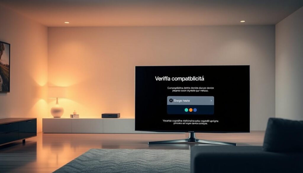 A sleek Samsung Smart TV in a well-lit modern living room, with a focus on the TV display showcasing the "Verifica compatibilità" (Compatibility Check) interface. The room has clean lines, warm lighting, and a minimalist design, creating a sophisticated and technological atmosphere. The TV is positioned prominently, capturing the viewer's attention and clearly demonstrating the necessary compatibility checks before proceeding with the software installation. The image should convey a sense of streamlined preparation, emphasizing the importance of ensuring device compatibility as the first step in the guide.