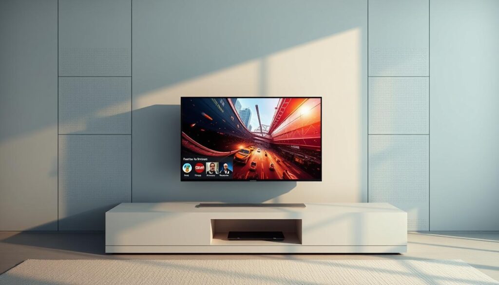 A sleek and minimalist IPTV interface designed for optimal user experience. The foreground features a clean and intuitive on-screen display with seamless navigation controls, allowing effortless browsing and selection of TV channels and streaming content. The middle ground showcases a vibrant and high-definition video player, immersing the viewer in a cinematic viewing experience. The background subtly hints at the underlying smart TV technology, with subtle grid patterns and geometric shapes suggesting the system's advanced capabilities. Soft lighting and a muted color palette create a calming and refined atmosphere, inviting the user to fully engage with the IPTV platform. The overall composition conveys a sense of sophistication, efficiency, and user-centric design.