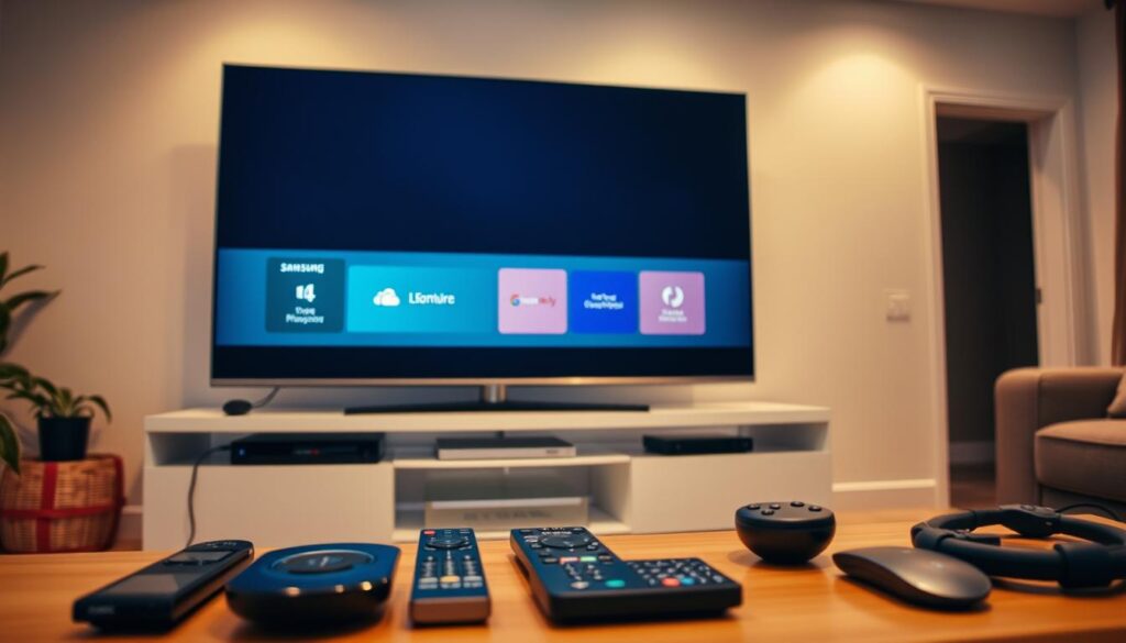 A sleek and modern Samsung Smart TV stands prominently in the center of the frame, its screen displaying a minimalist user interface. The television is positioned on a clean, minimalist entertainment unit, with subtle ambient lighting illuminating the space. In the foreground, various remote controls and other accessories are neatly arranged, hinting at the preparation process. The background features a warm, cozy living room setting, with neutral-toned walls and modern furnishings, creating a harmonious and inviting atmosphere. The overall scene conveys a sense of technological readiness and visual clarity, perfectly suited for the "Preparazione della Smart TV per l'installazione" section of the article.