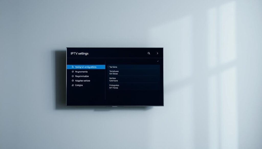 A sleek and modern Samsung Smart TV, the screen displaying a sophisticated IPTV settings interface. The interface features intuitive menus and options, allowing for easy navigation and optimization of IPTV configurations. Soft lighting illuminates the display, creating a calm and professional atmosphere. The TV is set against a minimalist, gray-toned background, emphasizing the focus on the IPTV settings. The overall composition conveys a sense of technological elegance and user-friendliness, reflecting the "Ottimizzazione delle impostazioni e risoluzione dei problemi" section of the tutorial.