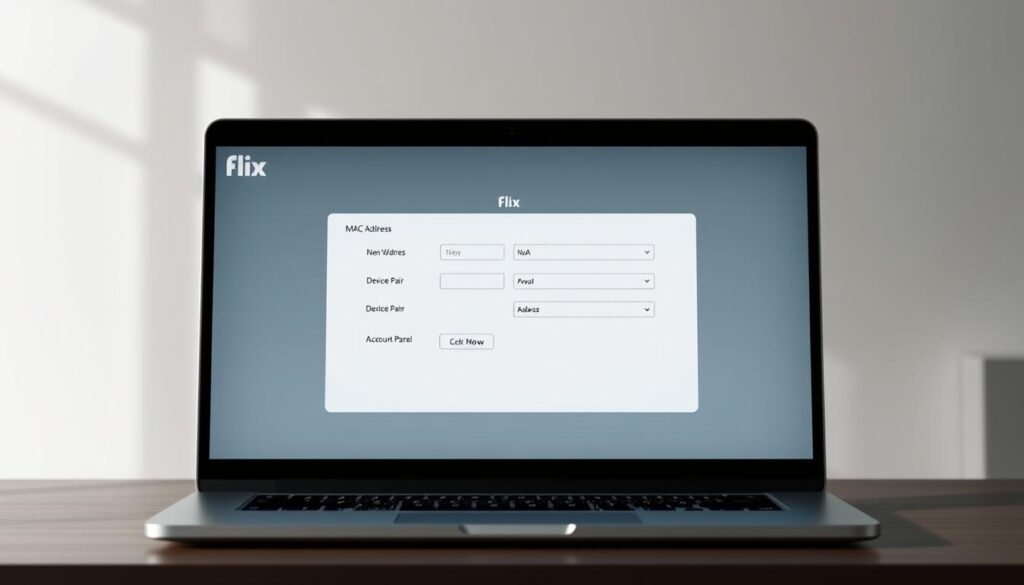 A sleek and modern configuration interface for the Flix IPTV app, showcasing the MAC address integration process on a minimalist MacBook display. The screen features a clean, intuitive layout with distinct sections for network settings, device pairing, and account management. Soft, diffused lighting creates a calm, professional atmosphere, while subtle reflections on the aluminum body enhance the premium aesthetics. The overall composition emphasizes the simplicity and user-friendliness of the app's setup, inviting the viewer to seamlessly configure their IPTV experience.