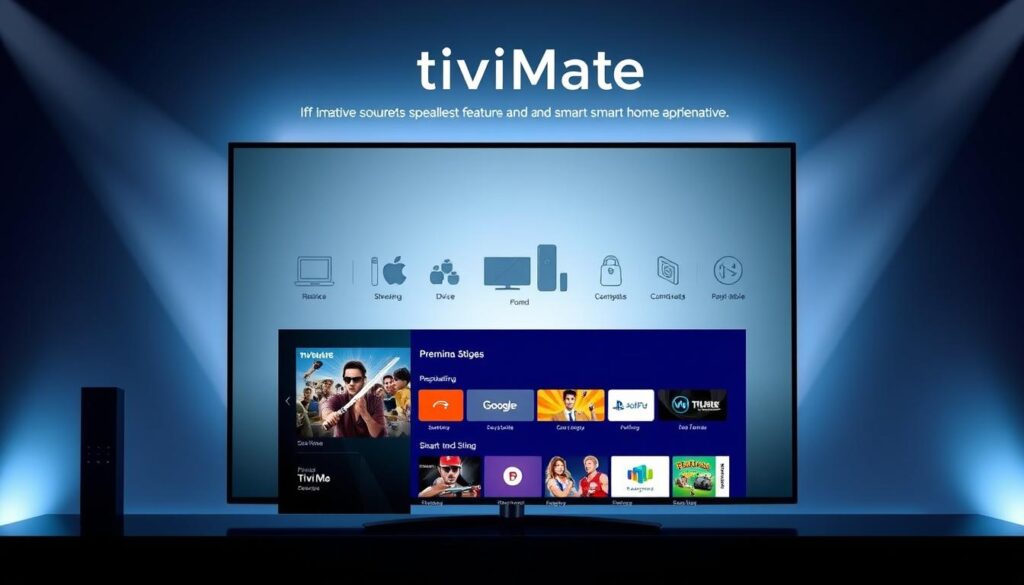 A sleek and modern interface showcasing the premium features of TiviMate. In the foreground, a high-resolution display showcases the app's intuitive navigation, seamless streaming, and customizable settings. The middle ground features device icons and smart home integration, highlighting TiviMate's versatility across platforms. The background is a clean, minimalist design with subtle gradients, evoking a sense of sophistication and technology. Dramatic lighting from the sides casts dramatic shadows, adding depth and highlighting the premium quality of the application. The overall mood is one of elegance, efficiency, and the cutting edge of smart TV experiences.