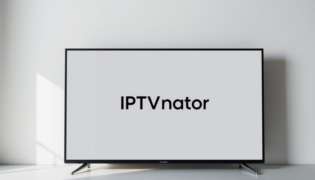 A sleek and modern smart TV display, showcasing the IPTVnator logo against a minimalist, muted background. The display is well-lit, with a soft, natural lighting that highlights the clean, elegant design of the IPTVnator branding. The screen is positioned at a slight angle, creating a sense of depth and dimension. The overall atmosphere is one of simplicity, professionalism, and technological sophistication, reflecting the reliable and user-friendly nature of the IPTVnator app.