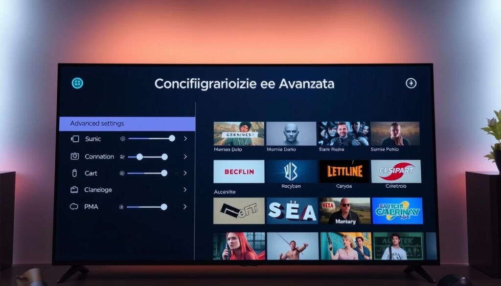 A sleek and modern smart TV interface with a focus on the "Configurazione Avanzata" section of the Lazy IPTV app. The screen displays a clean, minimalist design with crisp icons and buttons. The background is a subtle gradient, creating a sense of depth. The foreground features the advanced settings menu, with sliders, toggles, and dropdown options for customizing the IPTV experience. The middle ground showcases various content categories and streaming options. Soft, warm lighting illuminates the scene, giving it a premium, high-tech atmosphere. The overall composition conveys a sense of control and personalization, perfect for illustrating the "Configurazione Avanzata e Personalizzazione" section of the article.