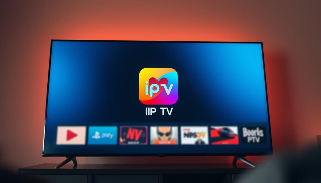 A sleek and modern smart TV screen, its interface displaying the vibrant icon for the Smart IPTV app. The screen is bathed in a warm, soft lighting, creating a cozy and inviting atmosphere. The app icon is prominently featured, its bold design and vibrant colors immediately catching the eye. The background is subtly blurred, keeping the focus on the app interface. The overall scene conveys a sense of simplicity and ease of use, inviting the viewer to explore the app and discover the world of IPTV streaming.