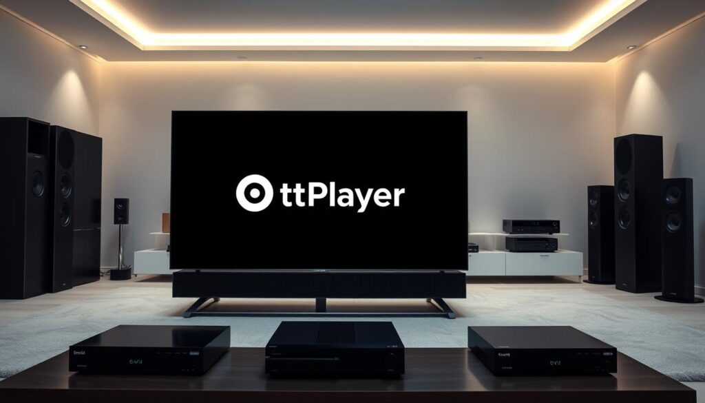 A sleek, high-tech media center setup featuring the OttPlayer interface. In the foreground, a modern smart TV displays the OttPlayer logo and UI elements against a minimalist, dark backdrop. The middle ground showcases various peripheral devices like streaming boxes, game consoles, and cable boxes, all neatly arranged to highlight the centralized control of OttPlayer. The background features a clean, well-lit home entertainment space with subtle ambient lighting, clean lines, and high-end audio equipment to create an immersive, cinematic atmosphere. The overall scene conveys a sense of sophisticated, seamless home media management powered by the robust capabilities of the OttPlayer system.