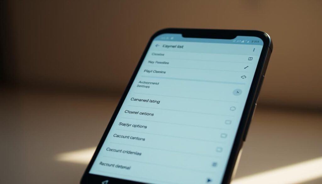 A sleek, minimalist Android smartphone screen displaying the Lazy IPTV app's playlist configuration interface. The interface features a clean, modern UI with intuitive controls and settings for customizing channel lists, adjusting playback options, and managing account credentials. The screen is illuminated by soft, natural lighting that casts a warm, inviting glow. The overall mood is one of simplicity, efficiency, and user-friendliness, reflecting the app's purpose of providing a seamless IPTV experience on mobile devices.