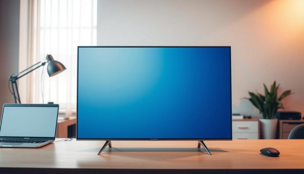 A sleek, minimalist Samsung smart TV stands prominently in the foreground, its screen displaying the file transfer interface. The background features a clean, contemporary workspace with a laptop, mouse, and other office accessories, bathed in warm, soft lighting that creates a professional yet inviting atmosphere. The composition emphasizes the seamless integration of technology, capturing the essence of the "Download and file transfer" section of the installation guide.
