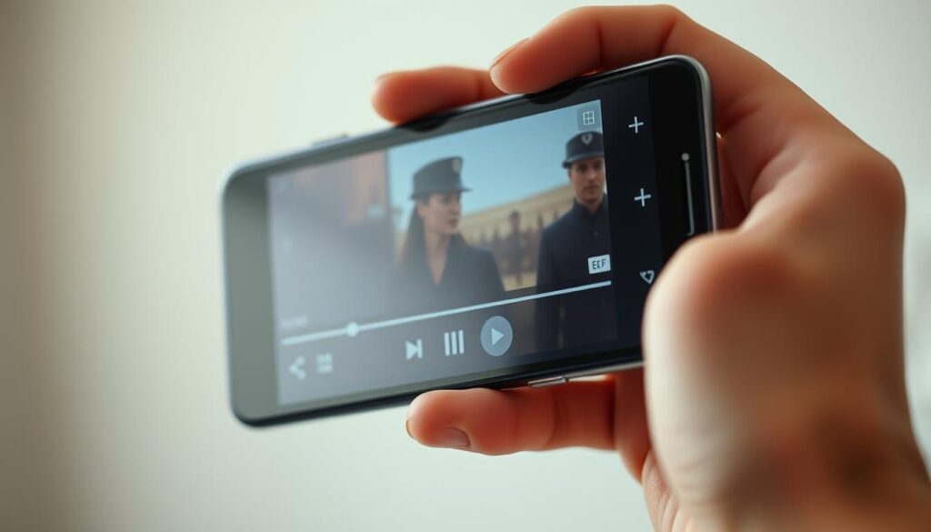 A sleek, modern Android video player with a clean and intuitive user interface. The device is held in a hand, with the player's screen prominently displayed. The player features a minimalist design with a dark theme, crisp lines, and subtle highlights. The foreground focuses on the video controls, including play/pause, seek, and volume buttons. The middle ground showcases the video content, possibly a movie or TV show, playing in high definition. The background is blurred, creating a sense of depth and focus on the device. The lighting is soft and natural, complementing the device's design and creating a premium, high-tech atmosphere.