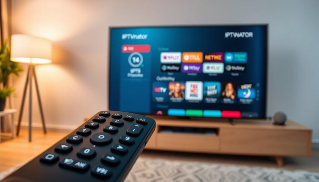 A sleek, modern Smart TV displaying the essential requirements for IPTVnator installation. In the foreground, a close-up of the remote control with its various buttons and functions. In the middle ground, the Smart TV screen showcases the IPTVnator app interface, its intuitive layout and user-friendly design. The background features a minimalist living room setting, with a stylish entertainment unit and subtle ambient lighting, creating a cozy and tech-savvy atmosphere. The overall composition emphasizes the seamless integration of IPTVnator with the Smart TV, highlighting its ease of use and the convenience it brings to the home entertainment experience.
