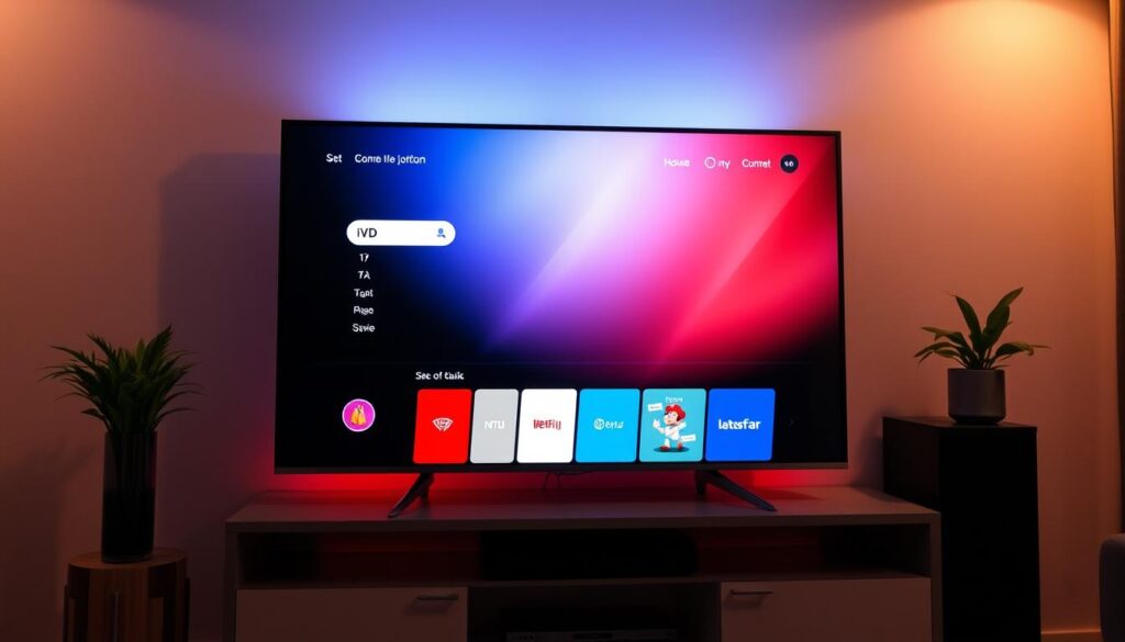 A sleek, modern smart TV displaying a crisp, high-definition IPTV player interface. The screen showcases a minimalist design with clean lines and intuitive menu options. Ambient lighting casts a soft, warm glow, creating a cozy and inviting atmosphere. The TV stands atop a stylish, contemporary entertainment unit, blending seamlessly into the modern living room decor. The overall scene conveys a sense of technological sophistication and user-friendly functionality, perfectly capturing the essence of "How to install m3u iptv player on smart tv".
