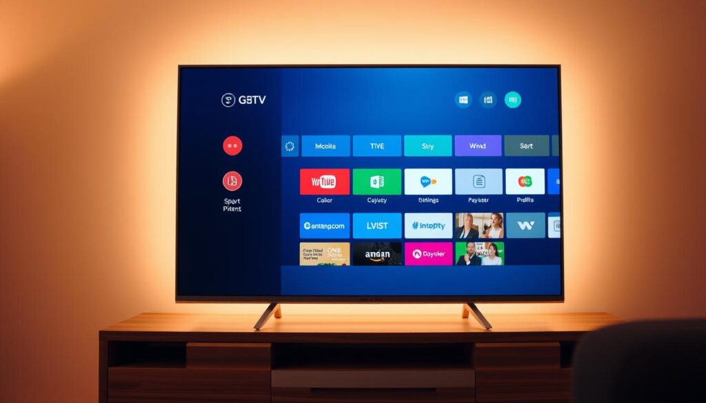 A sleek, modern smart TV screen displaying the GSE Smart IPTV interface. The UI is clean and intuitive, with colorful icons and menus arranged in a well-organized layout. The screen is bathed in warm, even lighting, creating a cozy, inviting atmosphere. The TV stands on a minimalist, wooden entertainment center, blending seamlessly with the interior decor. The overall scene conveys a sense of ease and simplicity, reflecting the user-friendly nature of the GSE Smart IPTV system. Subtle camera angle and depth of field emphasize the TV screen as the focal point, drawing the viewer's attention to the core functionality being showcased.