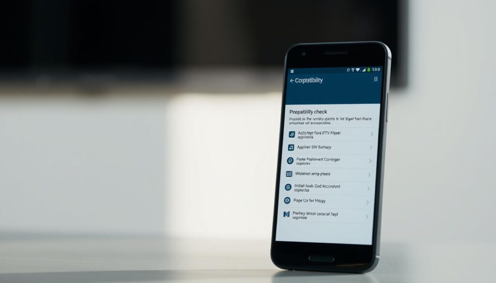 A sleek, modern smartphone with the Android operating system taking up the foreground. The device's screen displays a compatibility check interface, with clear icons and straightforward menu options. The background features a soft, blurred gradient, creating a sense of depth and focus on the central device. The lighting is bright and natural, highlighting the device's clean lines and minimalist design. The overall mood is one of efficiency and technical proficiency, conveying the preparatory steps required to install the IPTV player on an Android device.