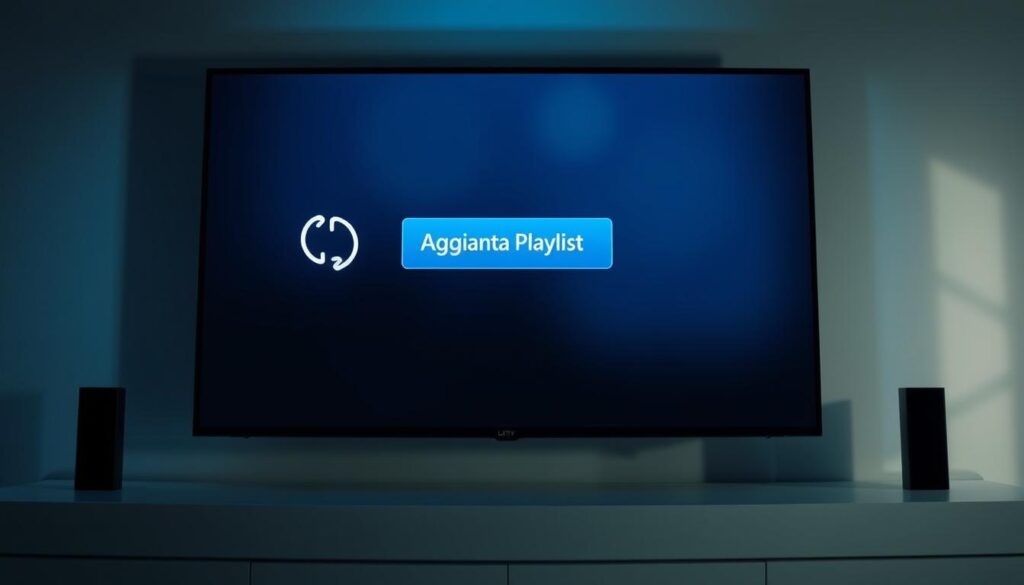 A smart TV screen displaying the "Lazy IPTV" app interface, with a clean and intuitive user experience. The screen shows a prominent "Aggiunta Playlist" (Add Playlist) button, inviting the user to easily add new IPTV channels and content. The interface is designed with a modern, minimalist aesthetic, using a balanced color palette of blues and grays to create a calming, professional atmosphere. Soft, diffused lighting illuminates the screen, highlighting the app's key features and creating a sense of depth and dimension. The overall scene conveys a sense of simplicity and ease-of-use, making the process of installing and using Lazy IPTV on a smart TV approachable and user-friendly.