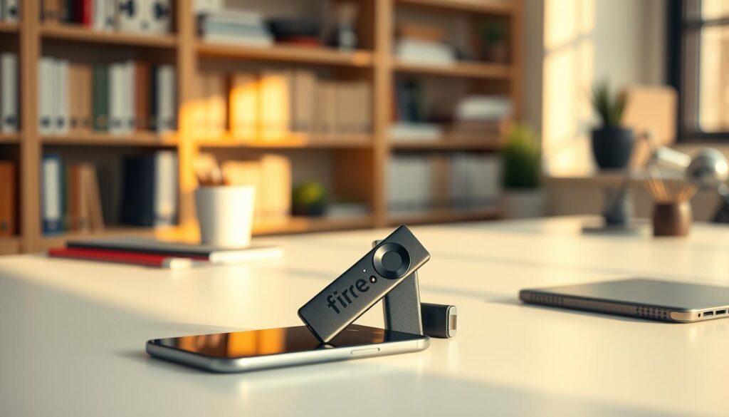 A step-by-step guide to installing Fire Stick on a clean, modern Android device. A bright, clean workspace with a Fire Stick and smartphone in the foreground, against a blurred background of bookshelves and office supplies. Warm, natural lighting illuminates the scene, creating a sense of productivity and ease. The Fire Stick is prominently displayed, with the smartphone positioned next to it, suggesting the user-friendly process of setting up the device. The composition is balanced, with the devices taking up the center of the frame, allowing the viewer to focus on the task at hand.