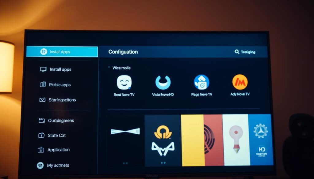 A well-lit, detailed configuration screen for a smart TV, showcasing the installation and setup of external apps. The foreground displays various app icons and toggles, with a clean, minimalist user interface. The middle ground features the smart TV itself, with a sleek and modern design. The background gently blurs, emphasizing the focal point of the configuration menu. The scene is bathed in a warm, ambient lighting, creating a professional and inviting atmosphere. The overall composition conveys a sense of technological sophistication and user-friendliness, reflecting the subject of installing external IPTV apps on a smart TV.