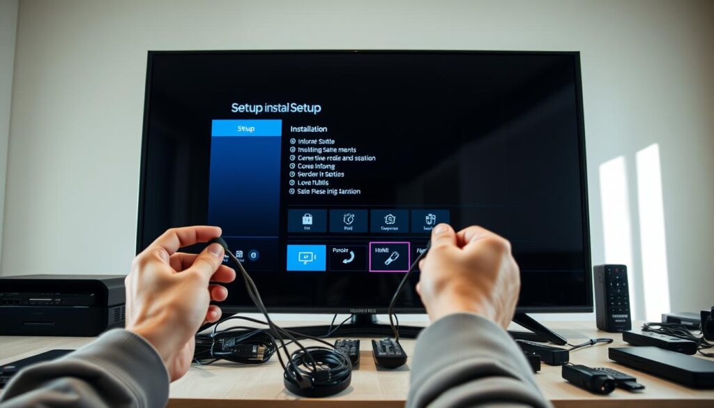 A well-lit, detailed scene of a Samsung Smart TV resting on a table, surrounded by various cables, remote controls, and other installation accessories. The TV screen displays an installation setup menu, with clear UI elements and icons. In the foreground, hands are shown carefully connecting HDMI and power cables to the TV's ports, while the background features a clean, neutral-toned room with natural lighting filtering in through a window. The overall atmosphere conveys a sense of focused preparation and attention to detail for the installation process.