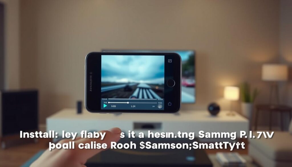 A well-lit, high-resolution close-up of a smartphone screen displaying the Perfect Player interface, with a sleek and modern UI design. The screen shows a seamless fullscreen video playback, surrounded by a minimalist and clean visual style. The smartphone is held in the foreground, with a blurred background of a modern living room or home entertainment setup, suggesting the image's use for a tutorial on installing the app on a Samsung Smart TV.