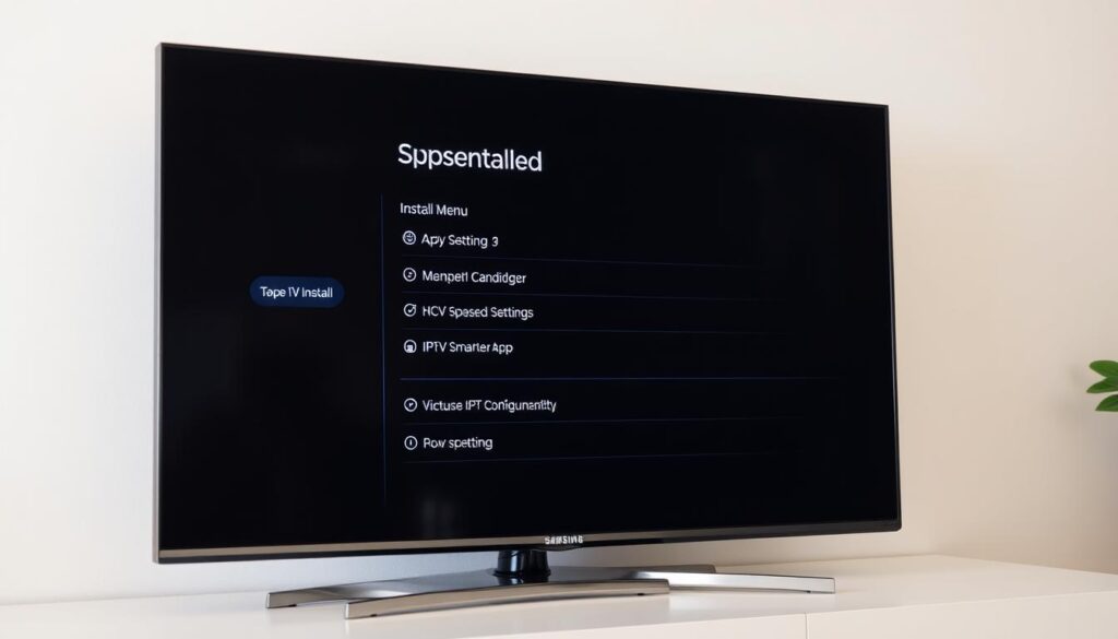 A well-lit, high-resolution close-up view of a Samsung Smart TV display, showing the step-by-step installation process for the IPTV Smarters app. The screen should clearly depict the various menus, settings, and options necessary to successfully install and configure the IPTV Smarters application on the Samsung device. The image should convey a sense of clarity, simplicity, and ease of use, with a clean, modern aesthetic that aligns with the branding and design of the IPTV Smarters platform. The overall composition should be visually appealing and informative, guiding the viewer through the installation workflow in a intuitive and user-friendly manner.