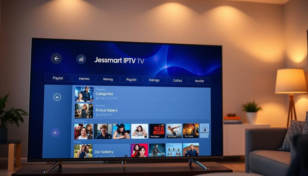 A well-lit, high-resolution image of a modern smart TV interface, prominently displaying a customized GSE Smart IPTV playlist configuration screen. The foreground shows the playlist menu with categories, thumbnails, and playback controls arranged in a clean, intuitive layout. The middle ground features the smart TV's operating system UI, with minimal branding and a sleek, modern aesthetic. The background subtly showcases the living room environment, with hints of tasteful decor and lighting to establish a cozy, domestic setting. The overall mood is one of user-friendliness, technological sophistication, and seamless integration of the GSE Smart IPTV service into the home entertainment ecosystem.