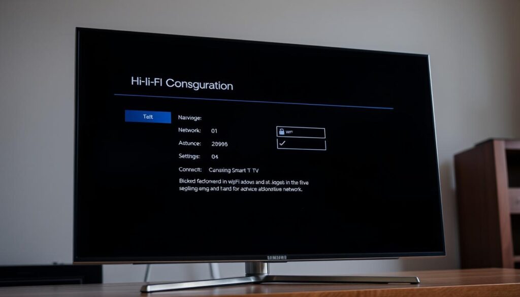 A well-lit, high-resolution photograph of a Samsung Smart TV screen displaying the Wi-Fi network configuration interface. The TV is positioned at a slight angle, showcasing the sleek, modern design of the device. The interface features intuitive navigation options, network settings, and connectivity details, all rendered in a clean, minimalist aesthetic. The background is blurred, placing the emphasis on the TV screen and the configuration process. The overall scene conveys a sense of ease and simplicity, reflecting the user-friendly nature of the Samsung Smart TV network setup.