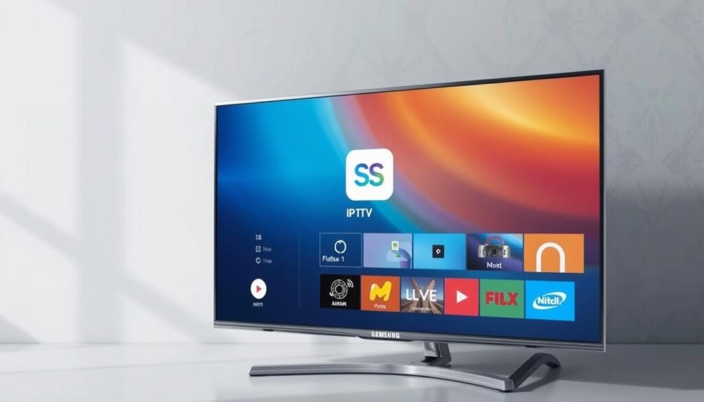 A well-lit, high-resolution screenshot of a Samsung smart TV's home screen, prominently displaying the SS IPTV app icon and interface. The TV is positioned at a slight angle, showcasing its sleek, modern design. The background is a neutral, minimalist setting, allowing the TV and app to be the central focus. The image conveys a sense of simplicity and ease of use, reflecting the "Guida all'Installazione su Smart TV Samsung" section of the article.