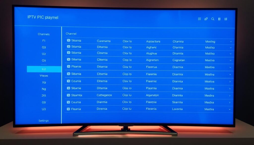 Configurazione playlist IPTV Extreme: A sleek, modern interface displaying a well-organized playlist of IPTV channels. The screen is filled with a clean, minimalist design, with clear channel categories and intuitive navigation controls. The color scheme is soothing, with a mix of greys and blues, creating a professional and user-friendly atmosphere. The layout is balanced, with the channel list taking up the majority of the screen, flanked by subtle control panels and settings options. The overall impression is one of efficiency and ease of use, reflecting the core functionality of the IPTV Extreme app.