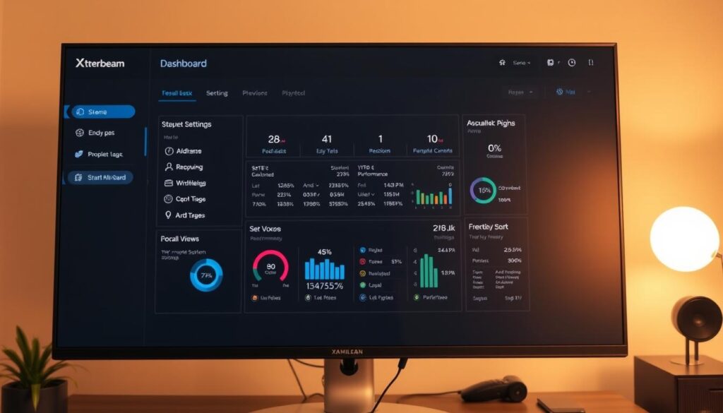 Configurazione xtream codes api: a detailed computer screen displaying a sleek, modern dashboard interface. The foreground features a central panel with neatly organized settings and options, surrounded by a clean and minimalist layout. The middle ground showcases various performance metrics and system information, providing a comprehensive overview. The background subtly hints at a smart TV environment, with hints of a living room setting or entertainment system. Warm, diffused lighting illuminates the scene, creating a professional and functional atmosphere. The overall composition conveys a sense of intuitive control and seamless integration for a user-friendly smart TV experience.