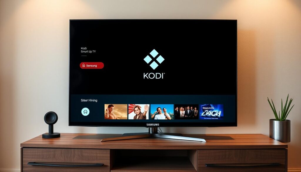 Detailed high-resolution image of a Samsung smart TV displaying the Kodi media center interface, showcased on a minimalist wooden entertainment center. The TV screen is the focal point, with a clean and modern aesthetic. Soft, warm lighting illuminates the scene, creating a cozy and inviting atmosphere. The TV is shown from a slightly elevated angle, allowing a clear view of the Kodi menus and interface. The background is subtly blurred, keeping the attention on the TV and the Kodi setup. The overall impression is one of a well-crafted, visually appealing home media setup, ready for the user to explore the capabilities of Kodi on their Samsung smart TV.