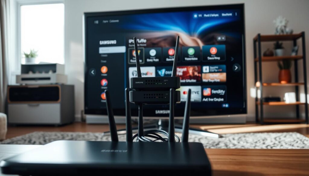 Detailed image of requisiti iptv extreme samsung smart tv. In the foreground, a sleek Samsung Smart TV displaying the IPTV Extreme interface. In the middle ground, a stack of networking hardware including a router, modem, and Ethernet cables. In the background, a well-lit home entertainment setup with minimal modern decor. Soft, natural lighting casts a warm glow over the scene. The overall mood is one of technical functionality and domestic comfort. The image should convey the necessary requirements for setting up IPTV Extreme on a Samsung Smart TV.