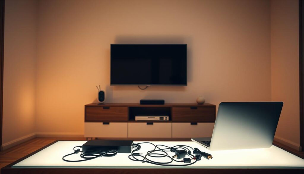 Preparazione all'installazione di IPTV su Samsung Smart TV: una stanza ben illuminata con una TV Samsung a schermo piatto montata a parete, su un mobile moderno in legno; vicino, un laptop aperto e alcuni cavi HDMI e adattatori disposti in ordine su una superficie luminosa. L'ambiente è luminoso e accogliente, con una tonalità calda che trasmette una sensazione di preparazione e concentrazione.
