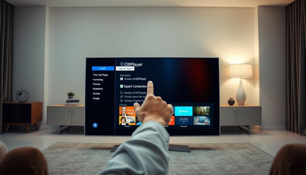 Procedural installation of OttPlayer on a Samsung smart TV, showcased in a modern, clean-lined interior. A sleek, high-end Samsung TV stands prominently in the foreground, its screen displaying the OttPlayer interface. In the middle ground, a hand navigates the on-screen menus, guiding the installation process. The background features a minimalist, contemporary living room setting, with neutral tones and subtle lighting creating a serene, inviting atmosphere. The overall composition conveys a sense of effortless technology integration, reflecting the straightforward nature of the installation guide.